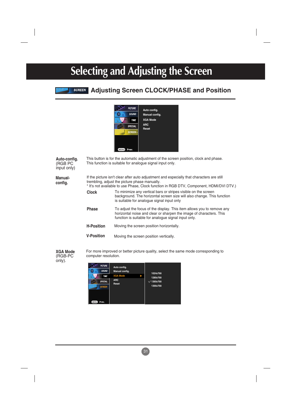 Adjusting screen clock/phase and position, Selecting and adjusting the screen | LG M3701C-BA User Manual | Page 32 / 60