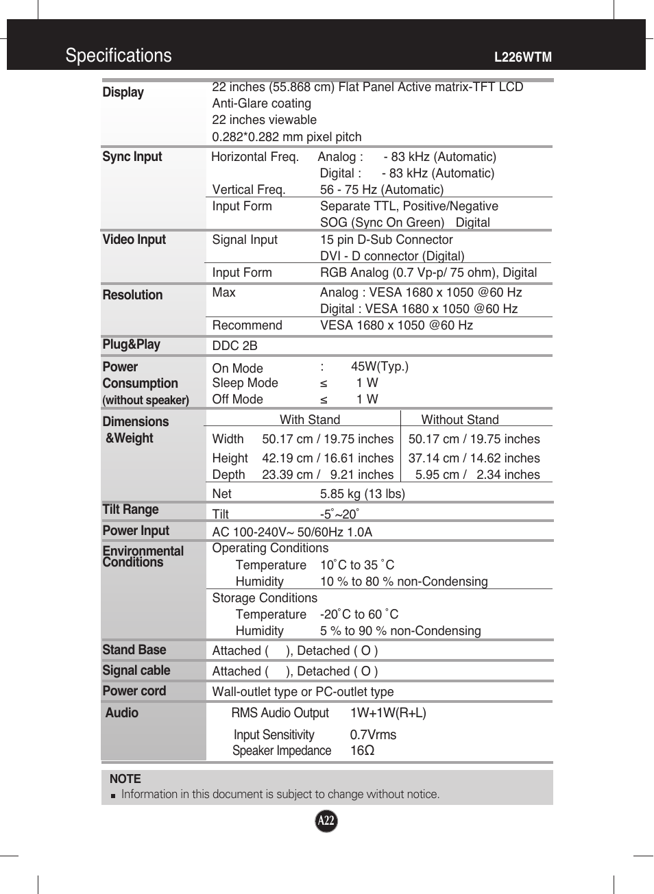 L226wtm, Specifications | LG L226WTQ-WF User Manual | Page 23 / 26