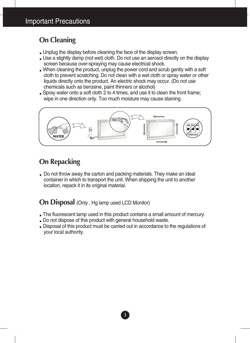 On cleaning, On repacking, On disposal (only , hg lamp used lcd monitor) | Important precautions, On disposal | LG W1946SM-BF User Manual | Page 4 / 30