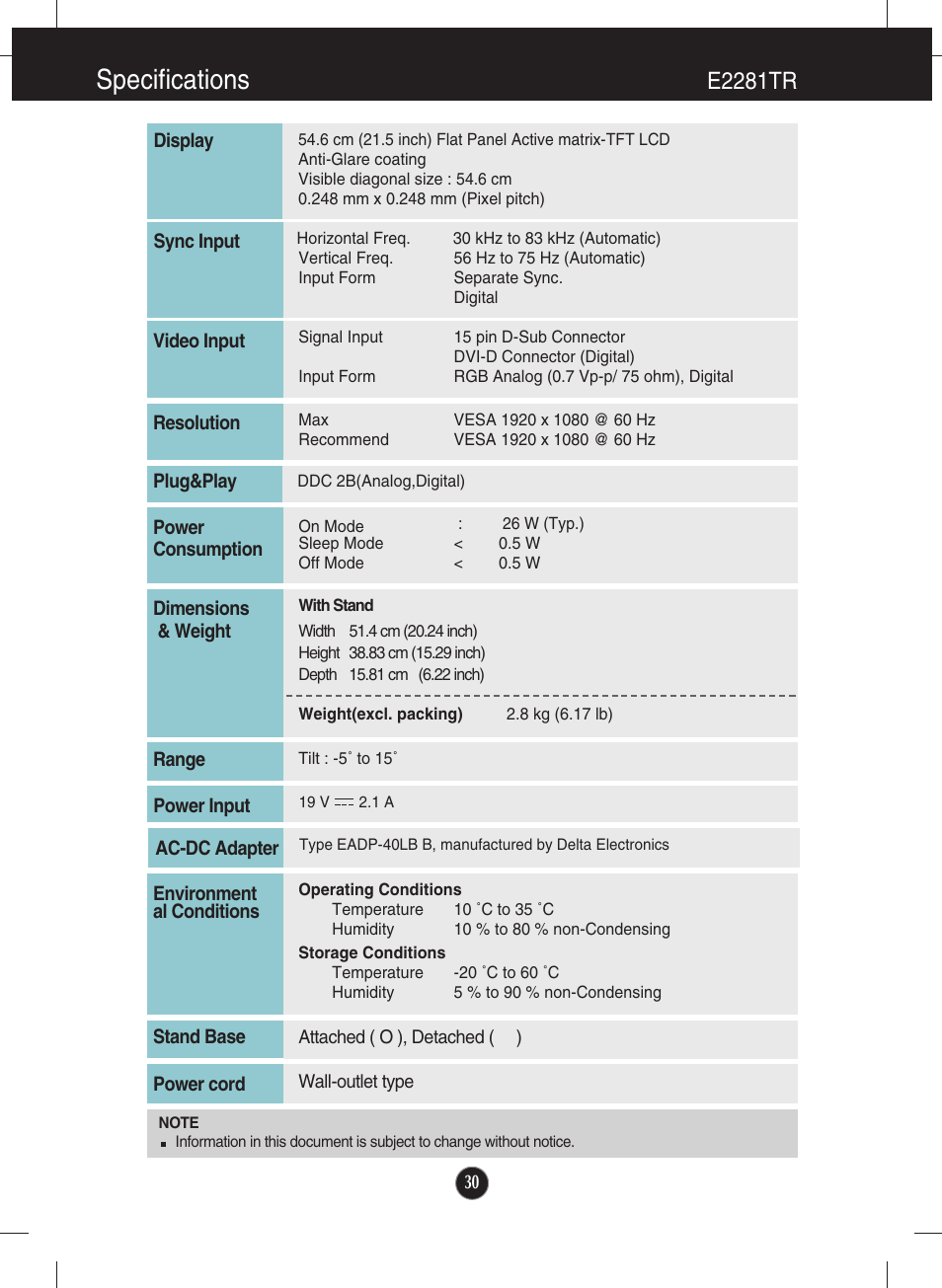 Specifications, E2281tr | LG E2281VR-BN User Manual | Page 31 / 35