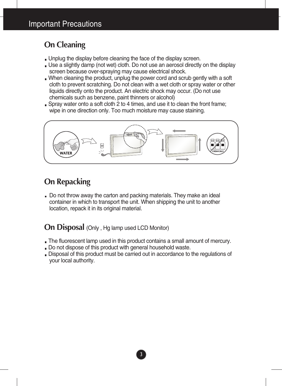 On cleaning, On repacking, On disposal (only , hg lamp used lcd monitor) | Important precautions, On disposal | LG E2281VR-BN User Manual | Page 4 / 35