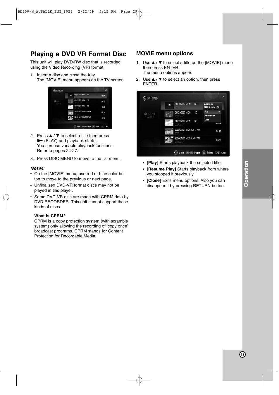 Playing a dvd vr format disc, Operation, Movie menu options | LG BD300 User Manual | Page 29 / 48