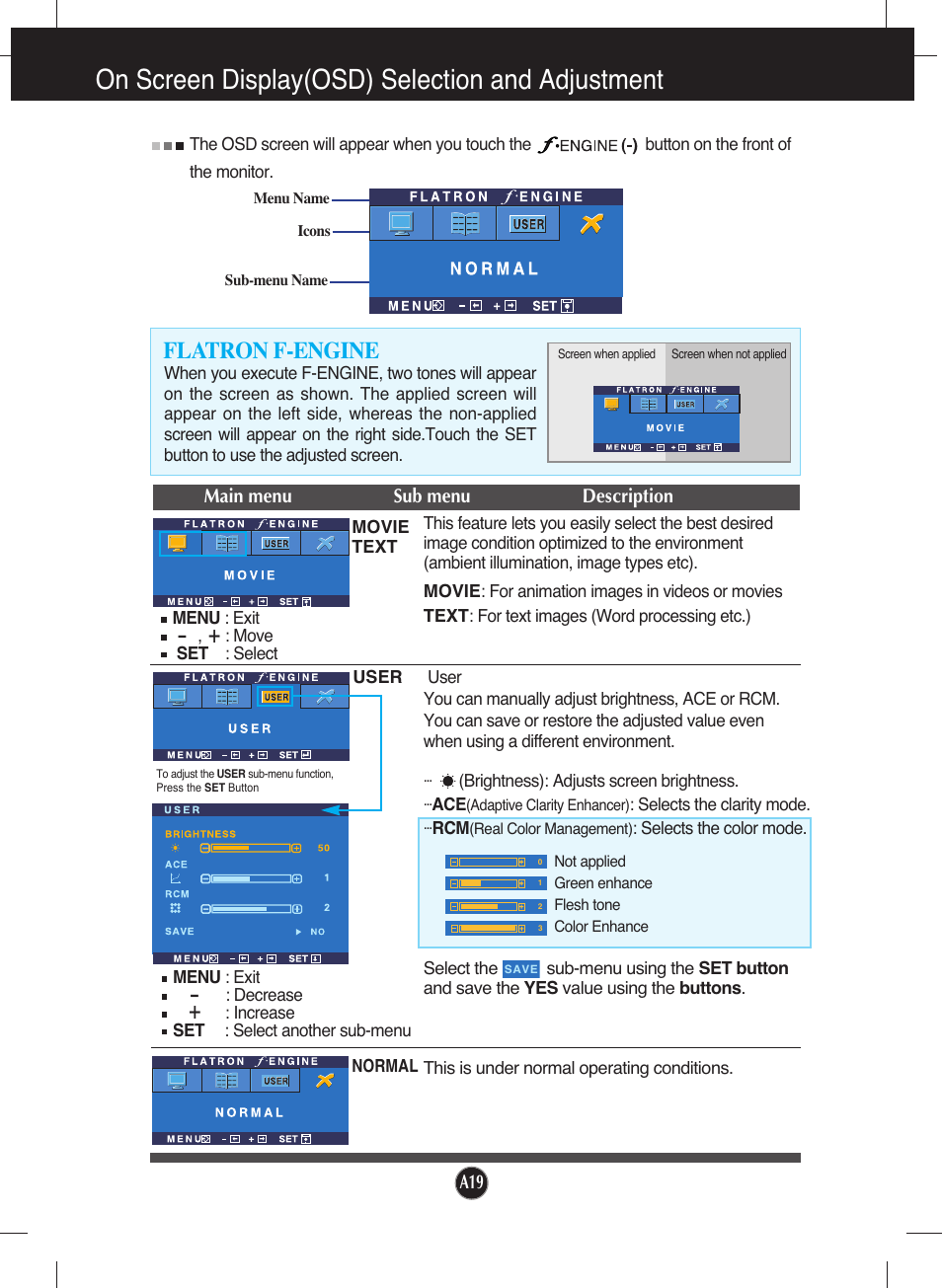 Flatron f-engine, On screen display(osd) selection and adjustment | LG L226WU-PF User Manual | Page 20 / 28