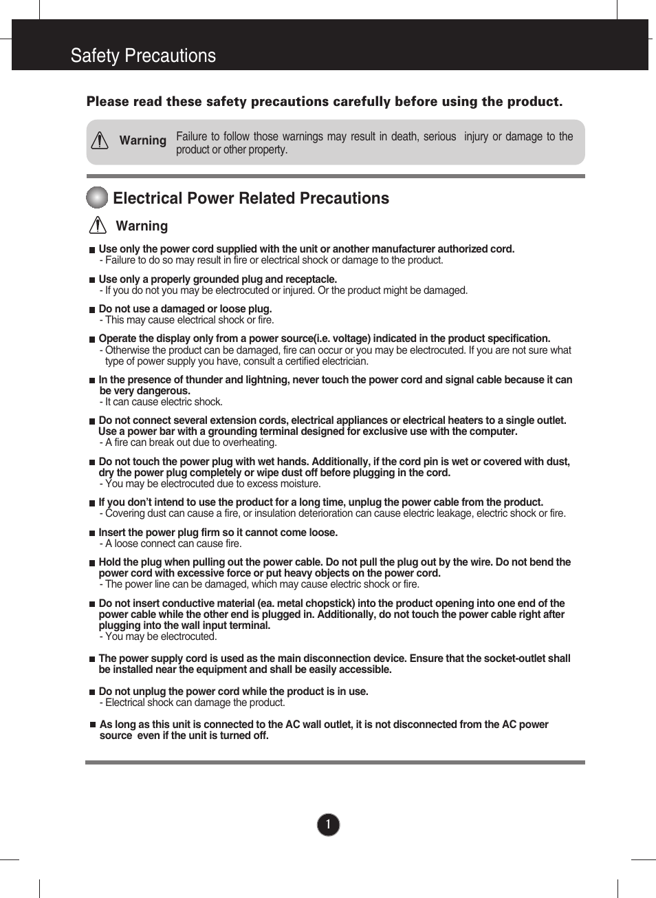 Safety precautions, Electrical power related precautions | LG IPS231B-BN User Manual | Page 2 / 31