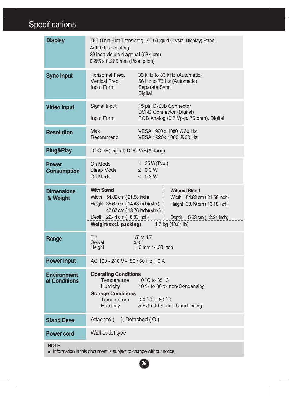 Specifications | LG IPS231B-BN User Manual | Page 27 / 31