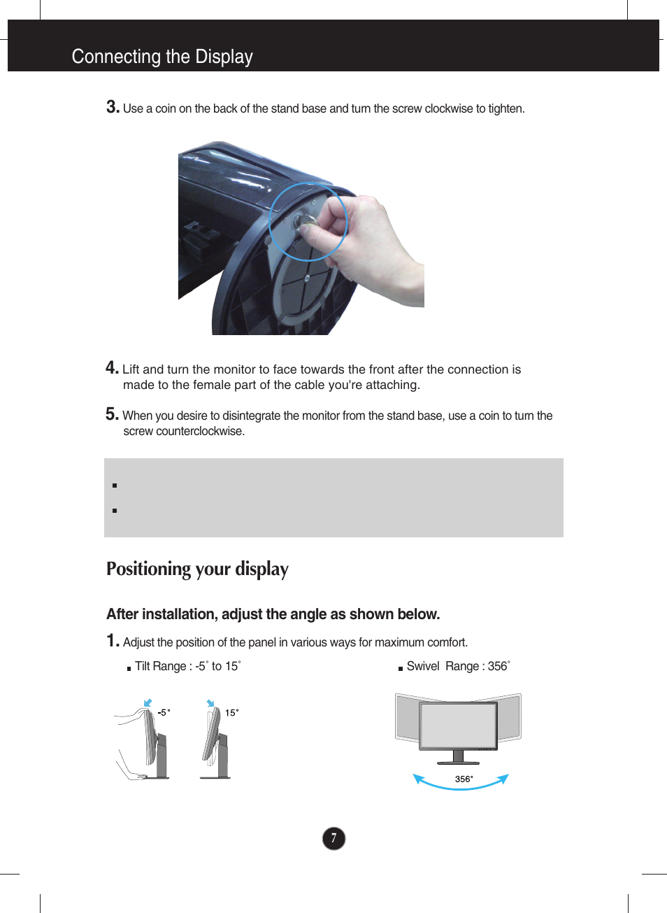 Positioning your display, Connecting the display | LG IPS231B-BN User Manual | Page 8 / 31