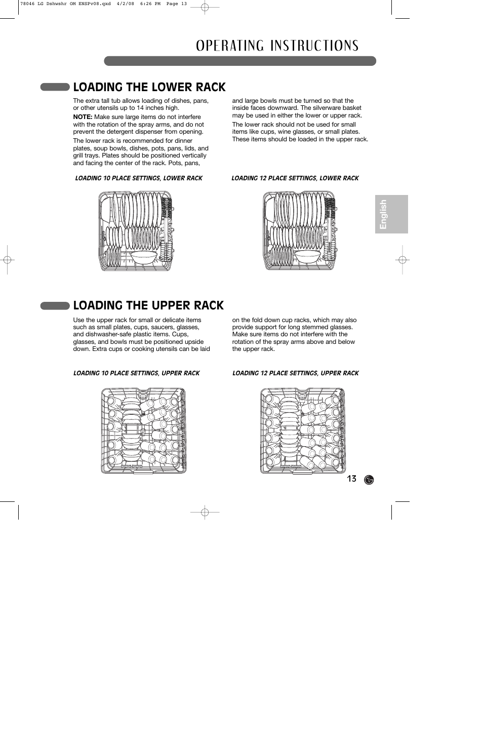 Loading the lower rack, Loading the upper rack | LG LDS4821ST User Manual | Page 13 / 68