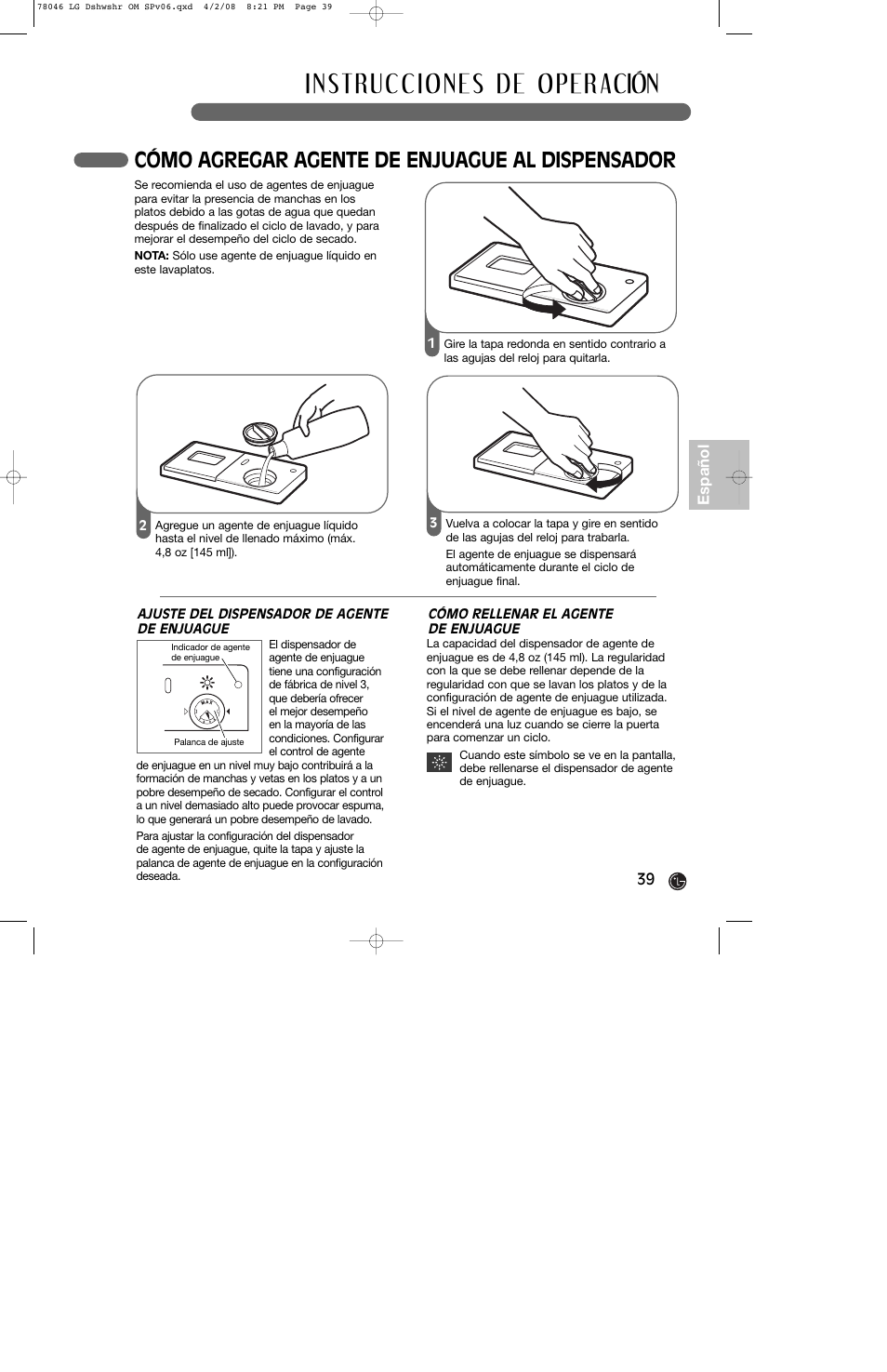 Cómo agregar agente de enjuague al dispensador | LG LDS4821ST User Manual | Page 39 / 68