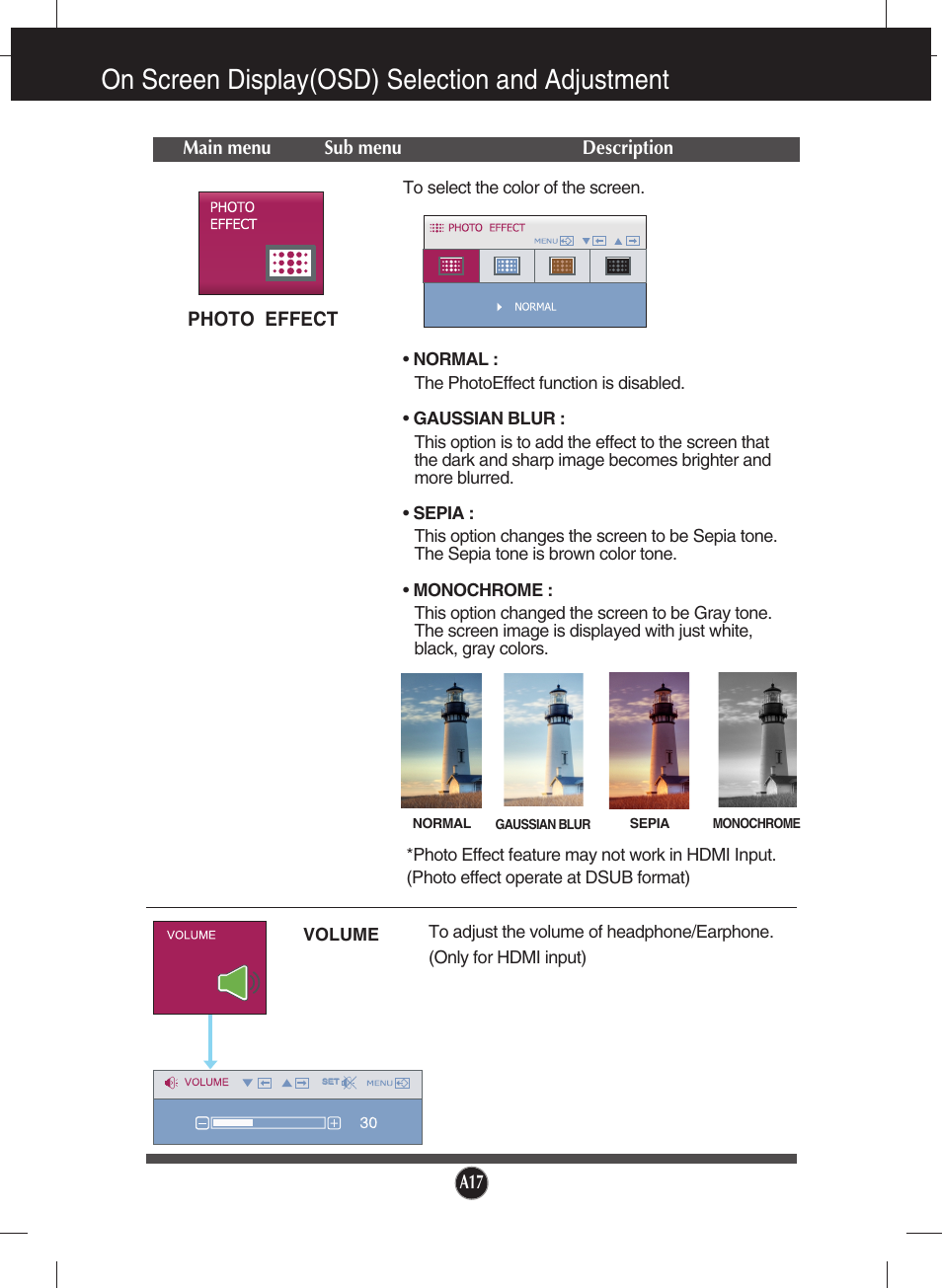 Photo effect, On screen display(osd) selection and adjustment | LG W2453V-PF User Manual | Page 18 / 26