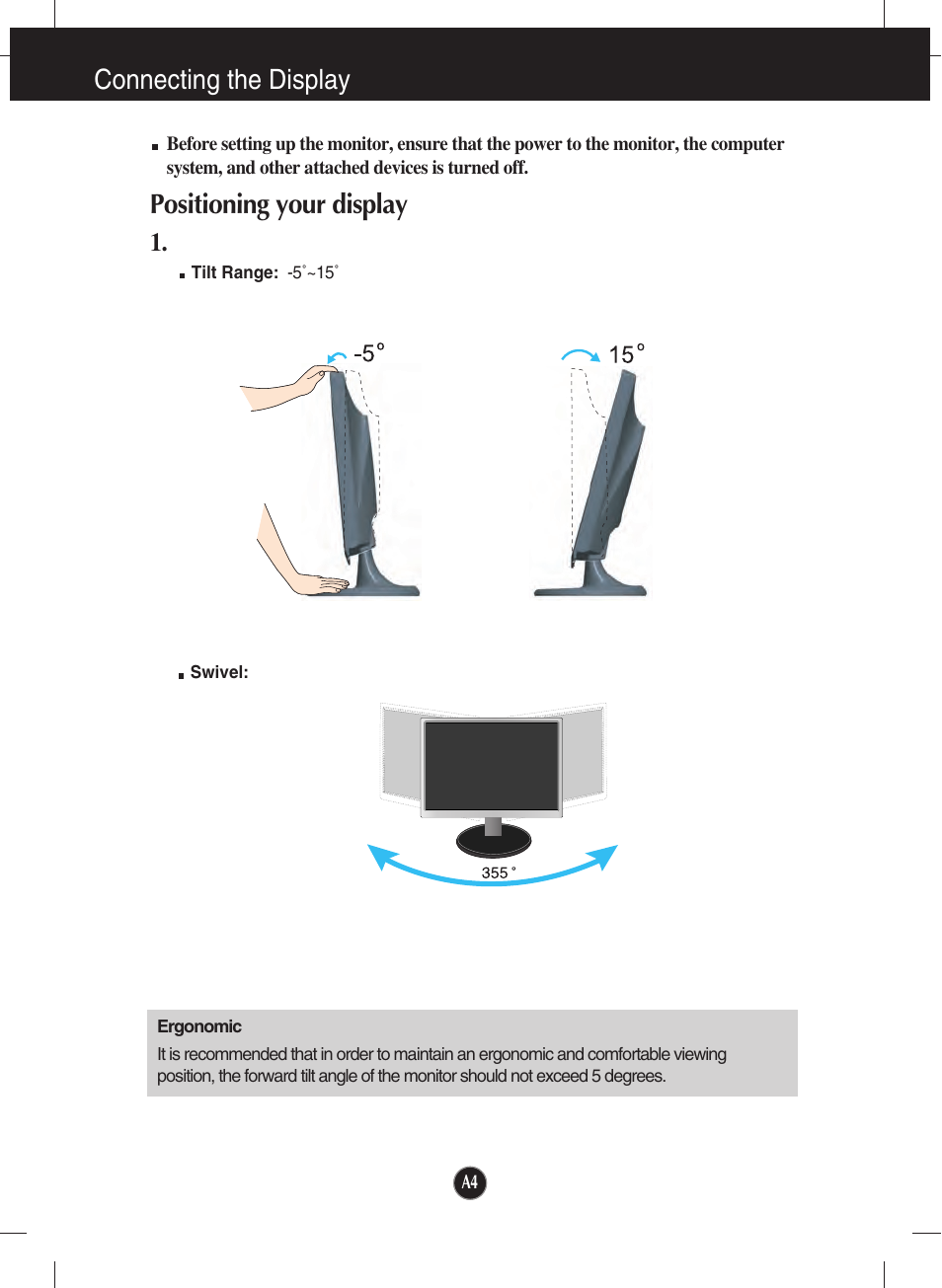 Positioning your display, Connecting the display | LG W2453V-PF User Manual | Page 5 / 26