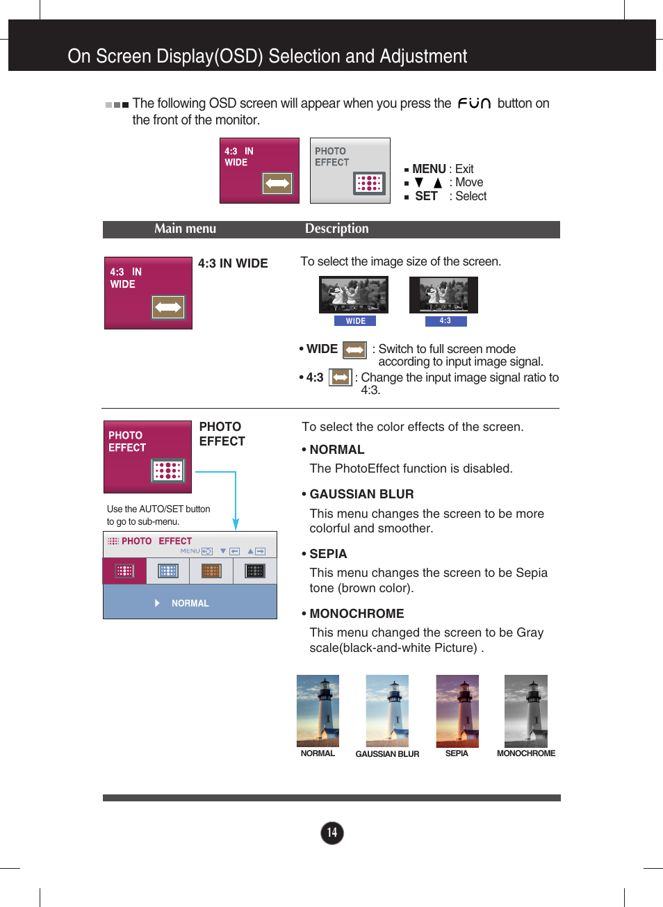 On screen display(osd) selection and adjustment | LG W1943TB-PF User Manual | Page 15 / 34