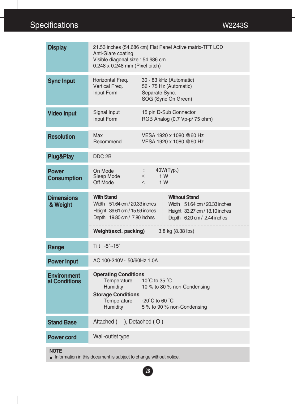 W2243s, Specifications | LG W1943TB-PF User Manual | Page 29 / 34