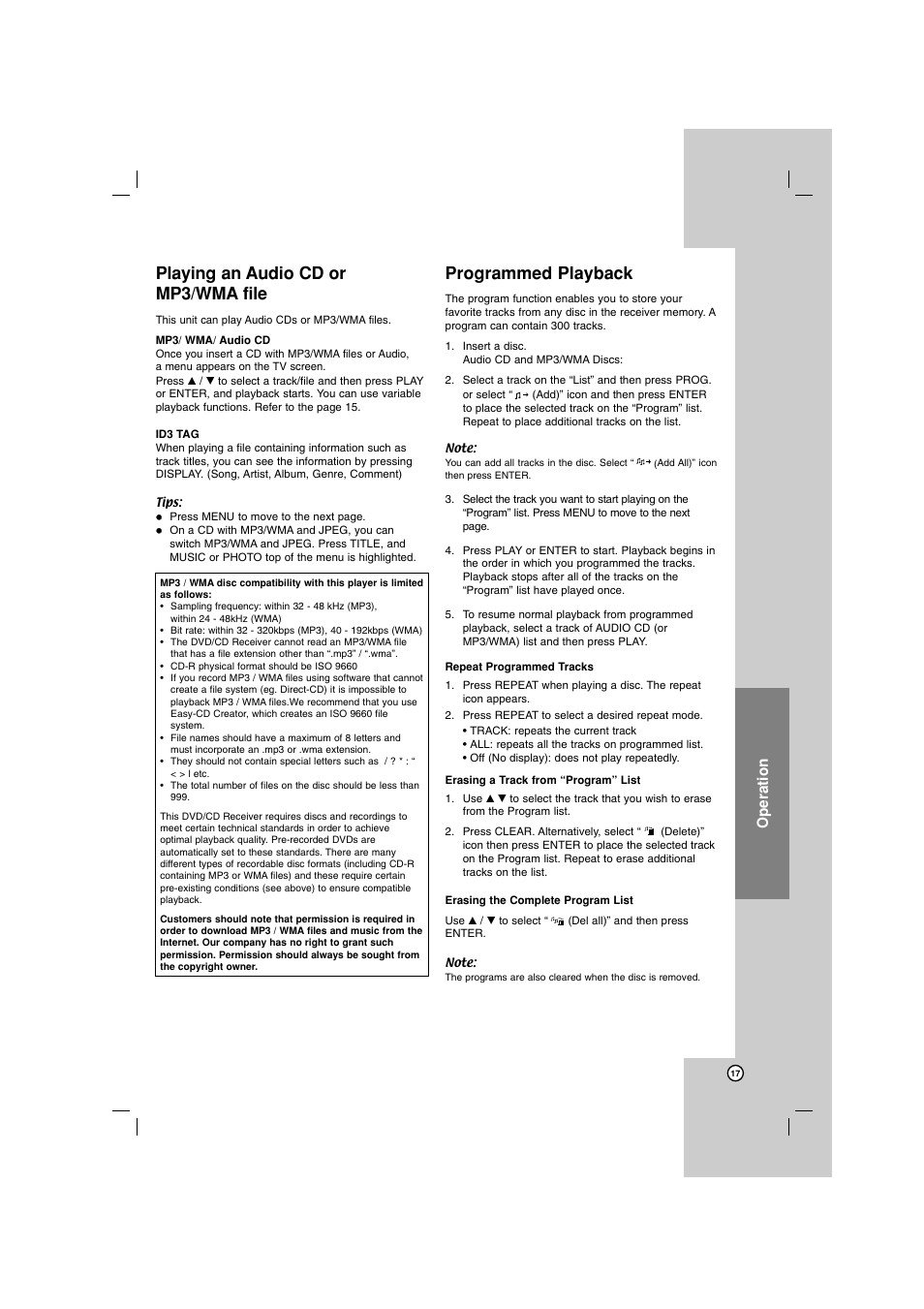 Playing an audio cd or mp3/wma file, Programmed playback, Operation | LG LHT799 User Manual | Page 17 / 33