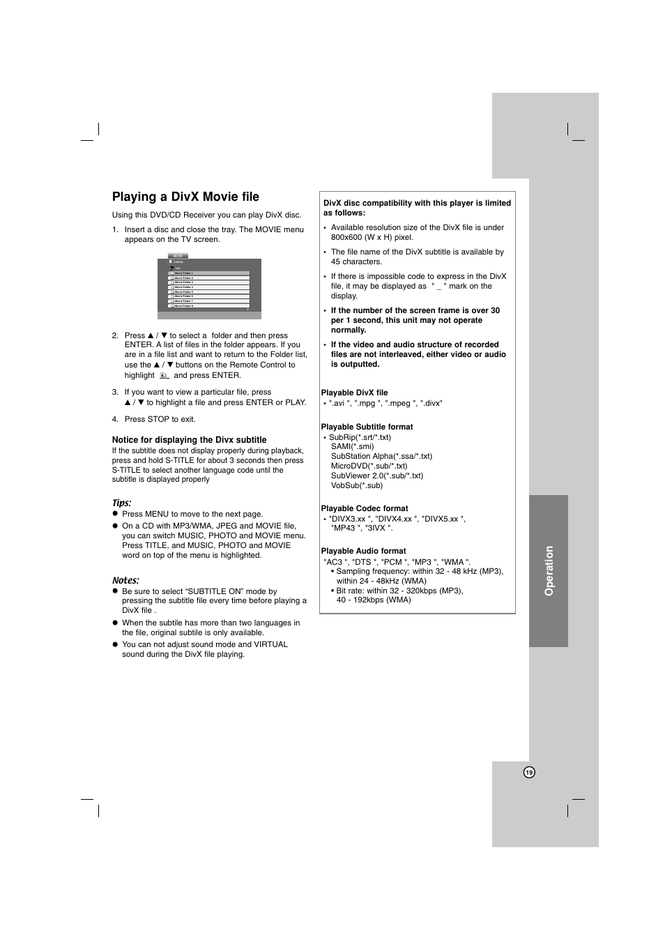 Playing a divx movie file, Operation | LG LHT799 User Manual | Page 19 / 33