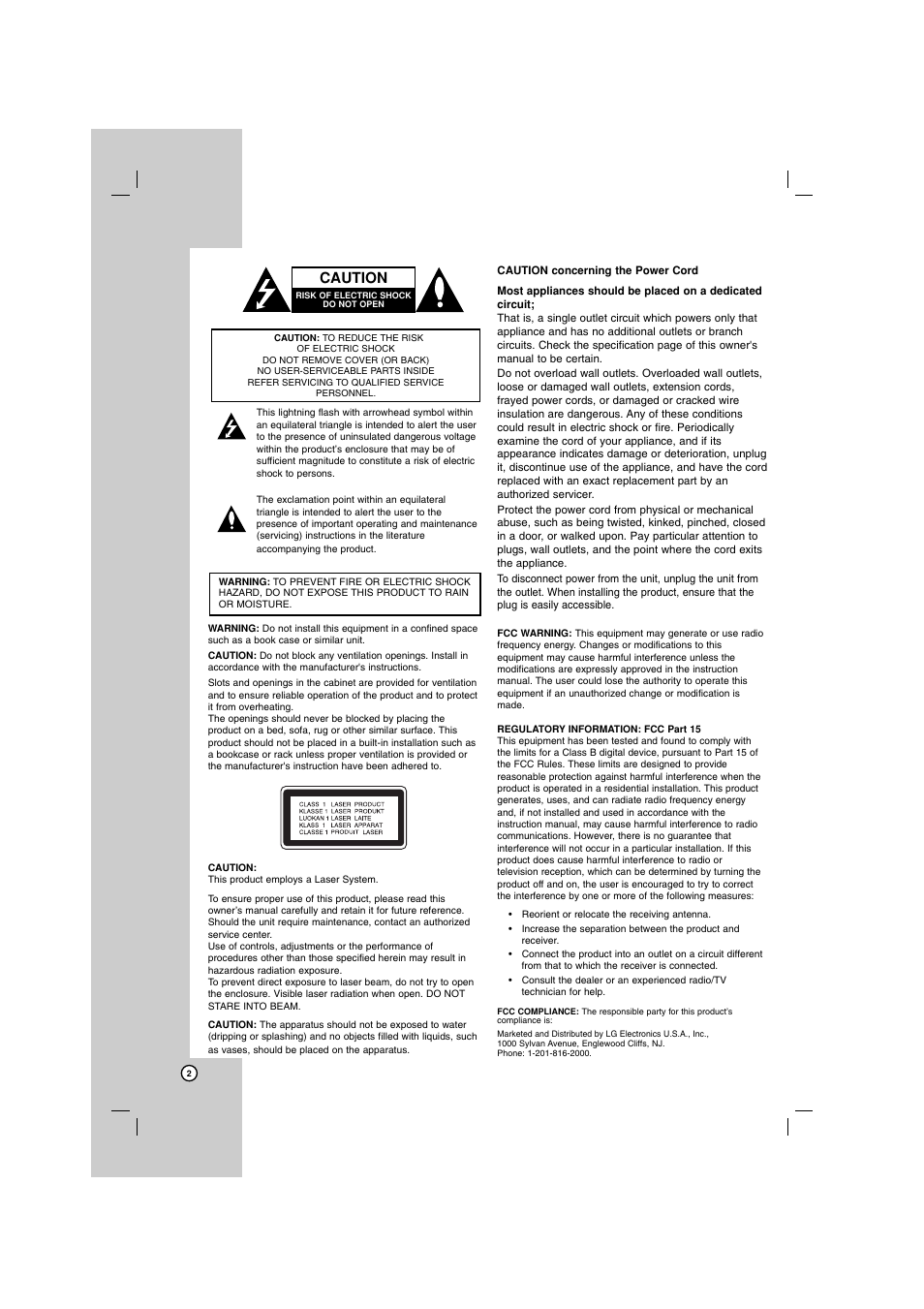 Caution | LG LHT799 User Manual | Page 2 / 33
