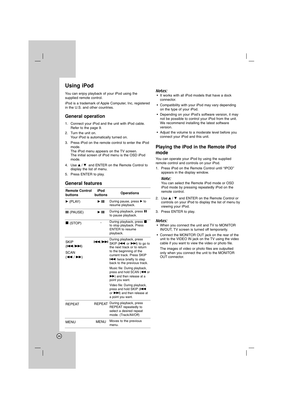 Using ipod, General operation, General features | Playing the ipod in the remote ipod mode | LG LHT799 User Manual | Page 20 / 33