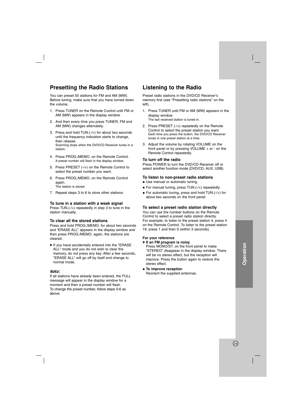 Presetting the radio stations, Listening to the radio, Operation | LG LHT799 User Manual | Page 23 / 33