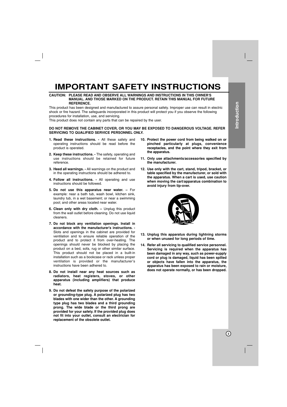 Important safety instructions, Introduction | LG LHT799 User Manual | Page 3 / 33