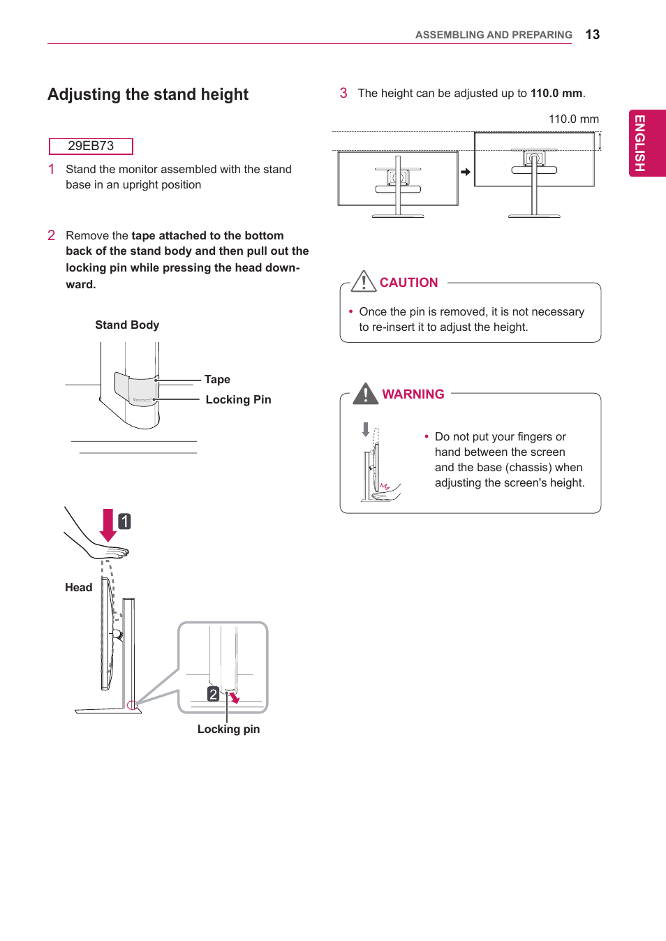 Adjusting the stand height | LG 29EA73-P User Manual | Page 13 / 39
