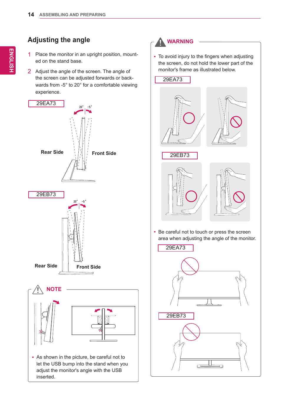 Adjusting the angle | LG 29EA73-P User Manual | Page 14 / 39