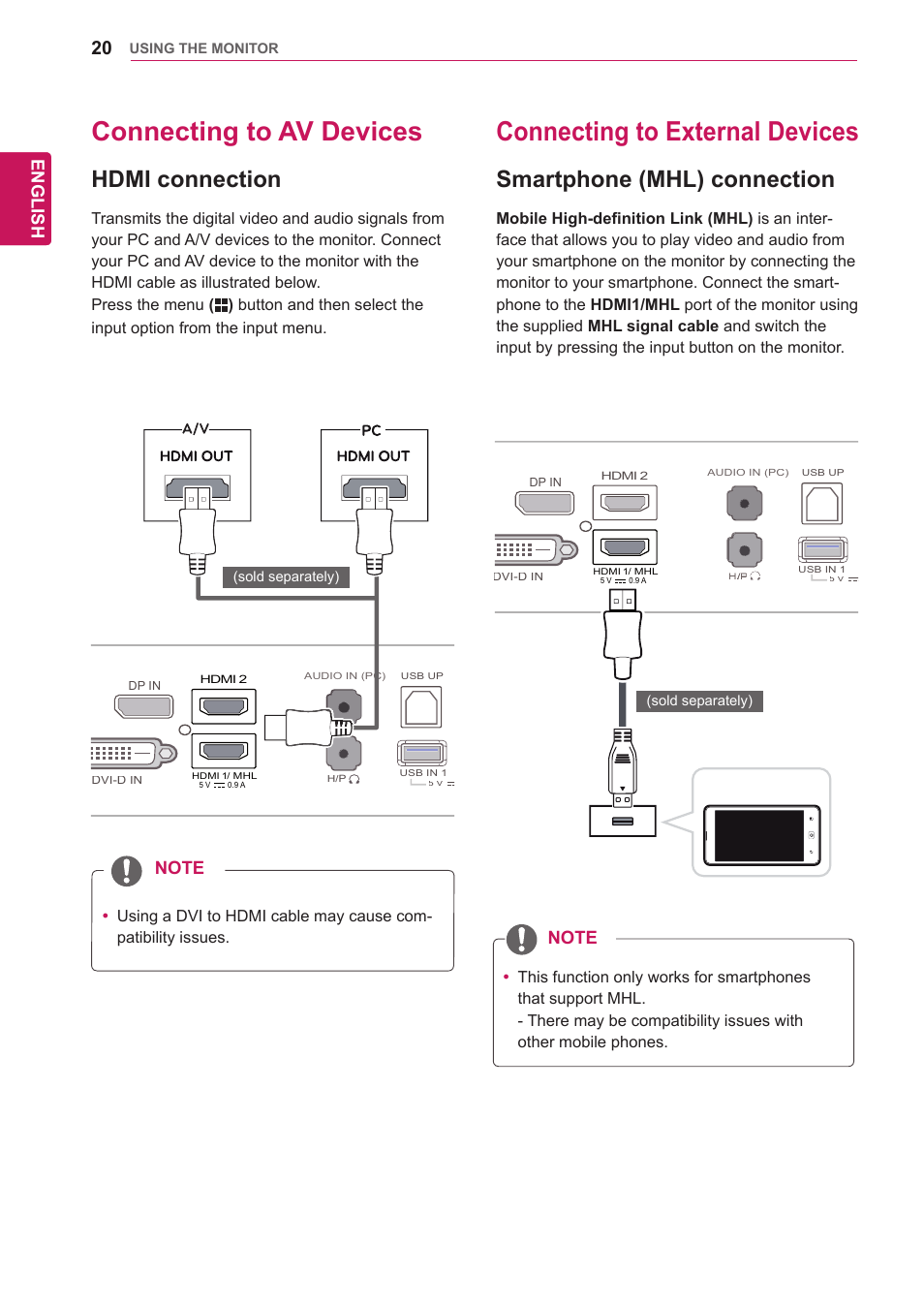 Connecting to av devices, Hdmi connection, Connecting to external devices | Smartphone (mhl) connection, 20 connecting to av devices 20, 20 connecting to external devices 20, English | LG 29EA73-P User Manual | Page 20 / 39