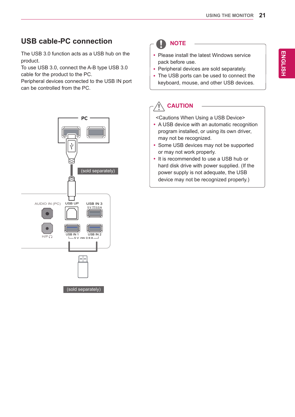 Usb cable-pc connection, English, Caution | LG 29EA73-P User Manual | Page 21 / 39