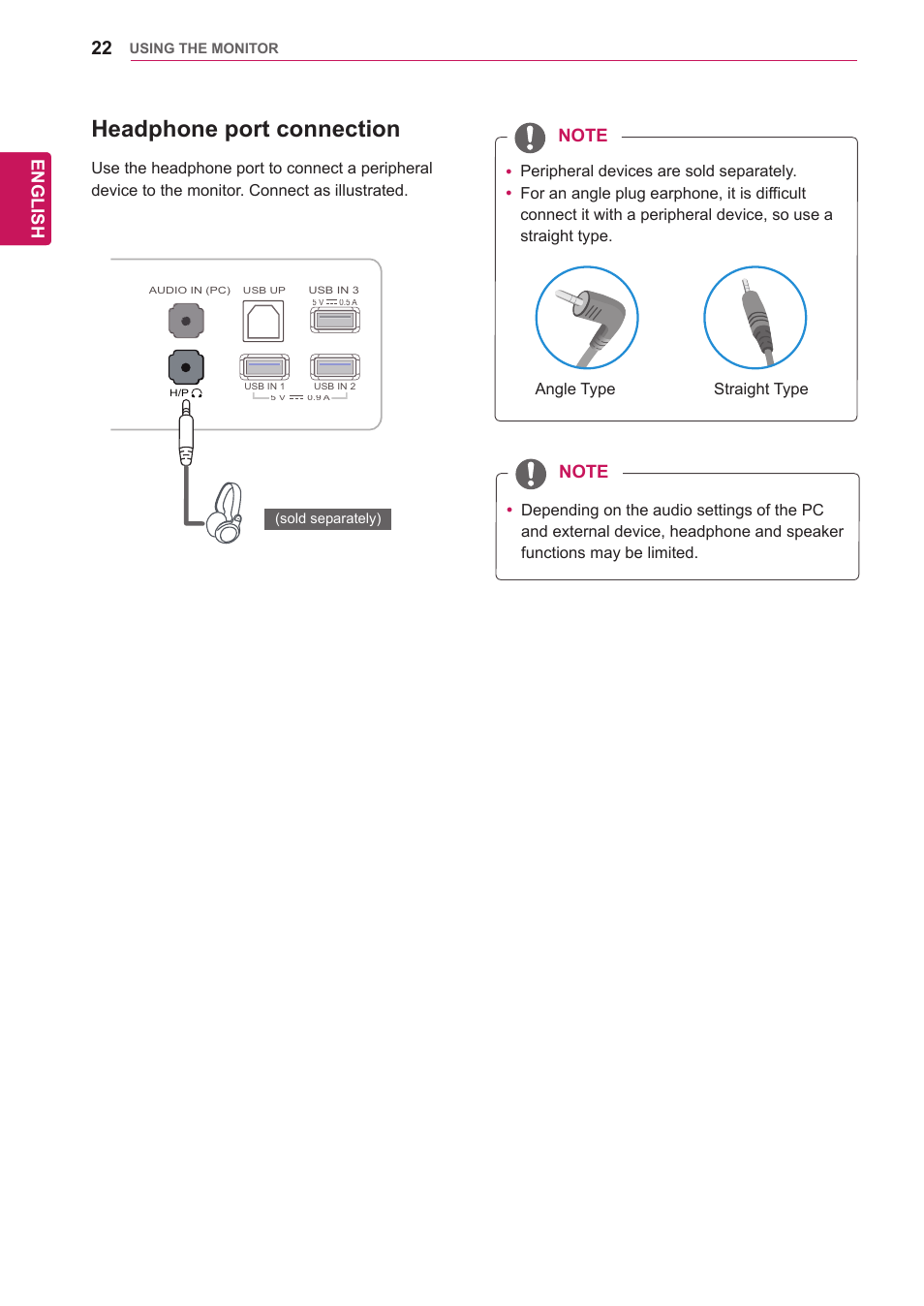 Headphone port connection, English, Angle type straight type | LG 29EA73-P User Manual | Page 22 / 39