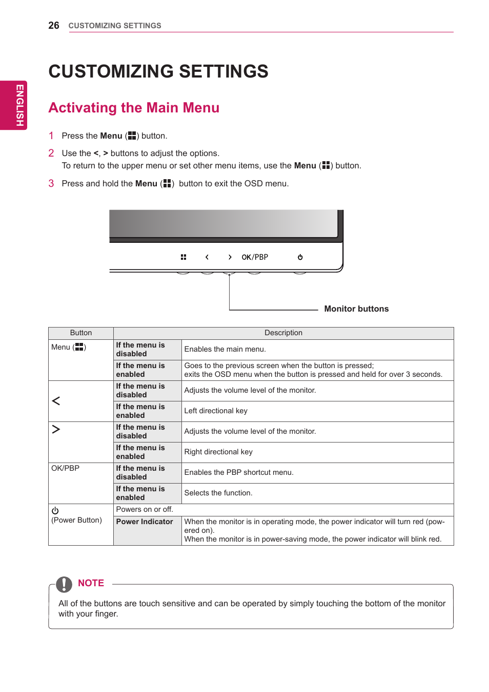 Customizing settings, Activating the main menu, 26 activating the main menu | LG 29EA73-P User Manual | Page 26 / 39