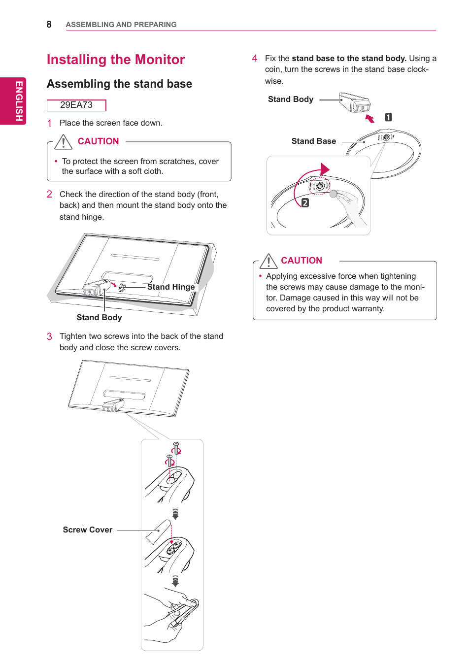 Installing the monitor, Assembling the stand base | LG 29EA73-P User Manual | Page 8 / 39