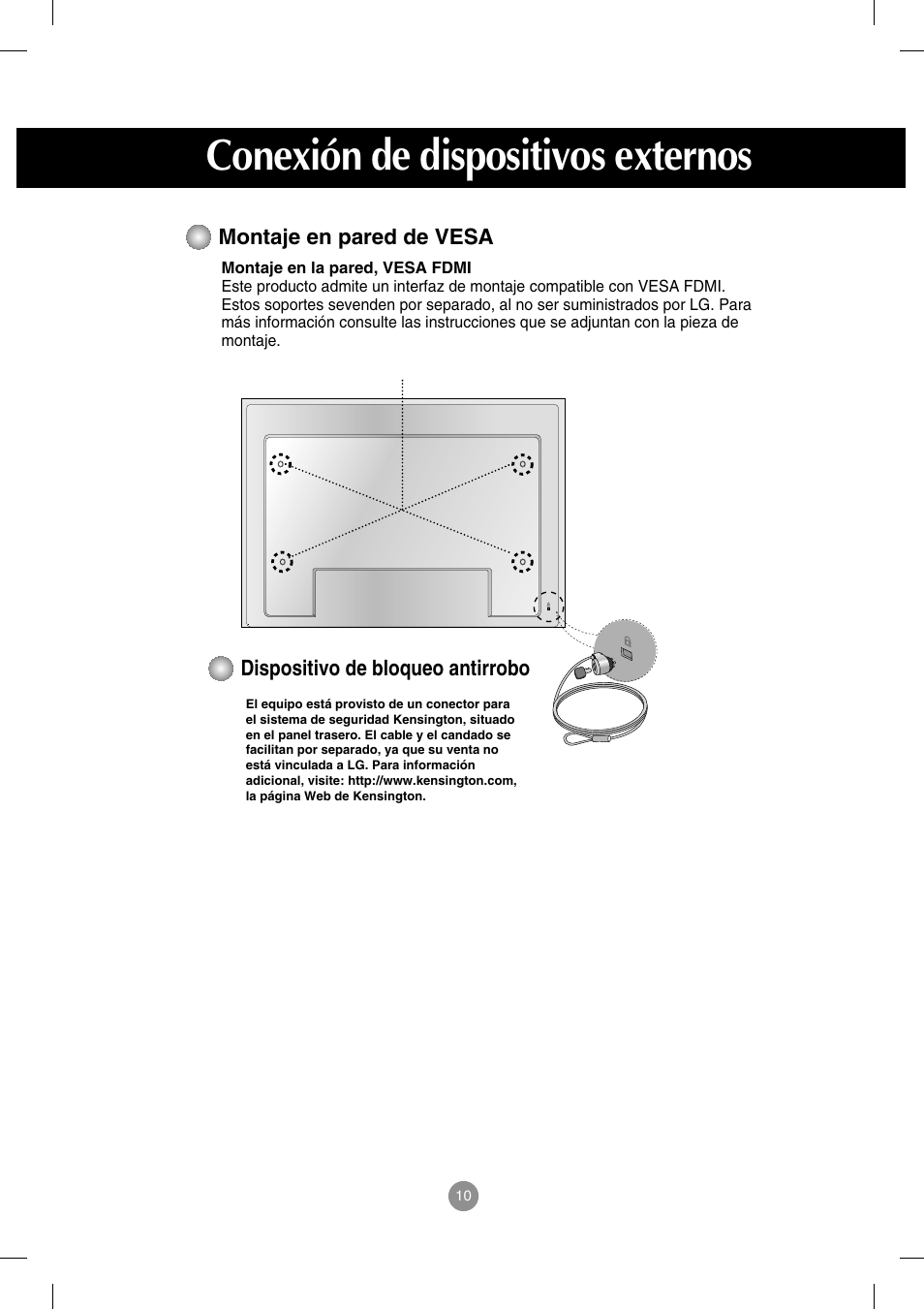 Montaje en pared de vesa, Dispositivo de bloqueo antirrobo, Conexión de dispositivos externos | LG M4212C-BA User Manual | Page 11 / 67