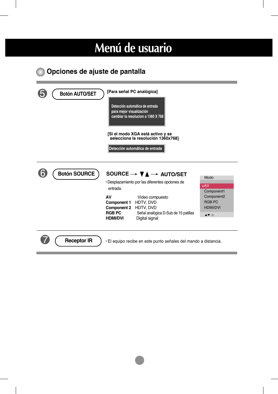 Menú de usuario, Opciones de ajuste de pantalla | LG M4212C-BA User Manual | Page 19 / 67