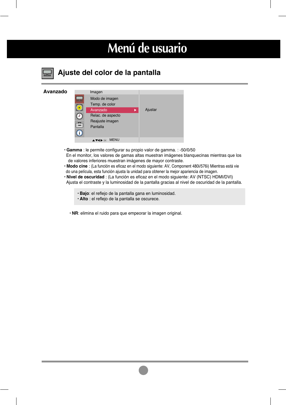 Menú de usuario, Ajuste del color de la pantalla | LG M4212C-BA User Manual | Page 24 / 67