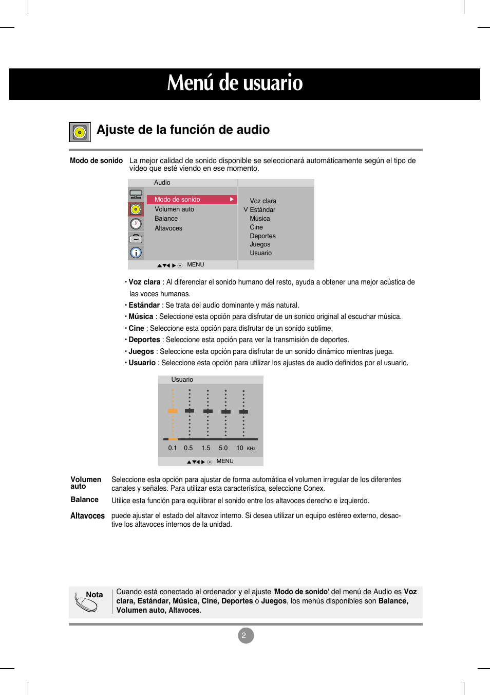 Ajuste de la función de audio, Menú de usuario | LG M4212C-BA User Manual | Page 27 / 67