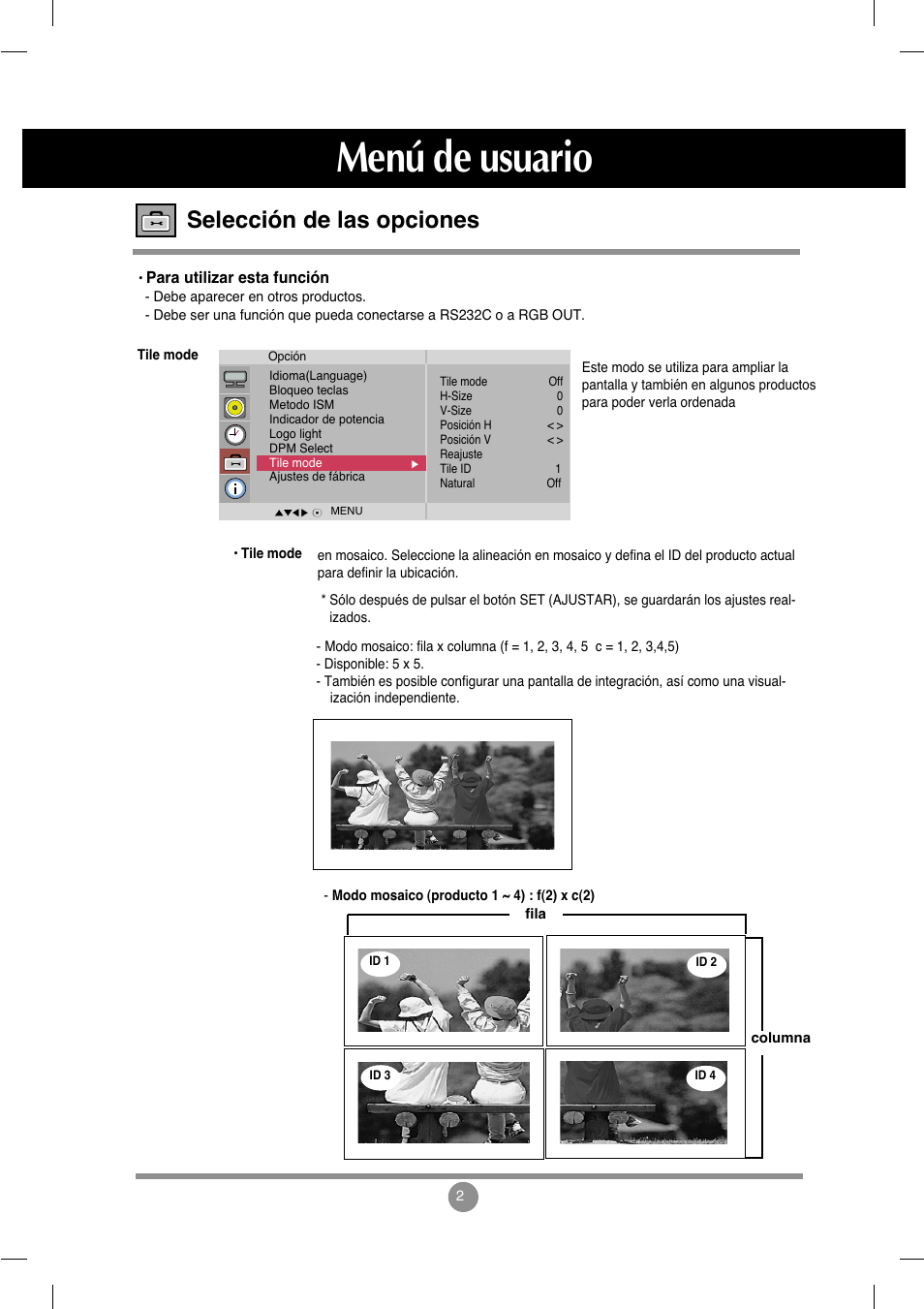 Menú de usuario, Selección de las opciones | LG M4212C-BA User Manual | Page 30 / 67