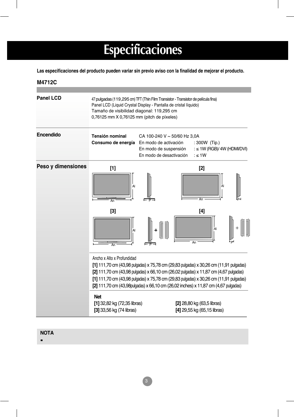 M4712c, Especificaciones | LG M4212C-BA User Manual | Page 38 / 67
