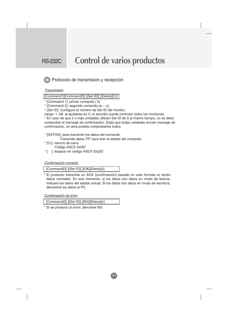 Control de varios productos, Rs-232c, Protocolo de transmisión y recepción | LG M4212C-BA User Manual | Page 43 / 67