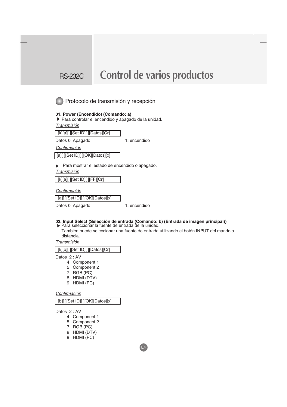 Control de varios productos, Rs-232c, Protocolo de transmisión y recepción | LG M4212C-BA User Manual | Page 44 / 67