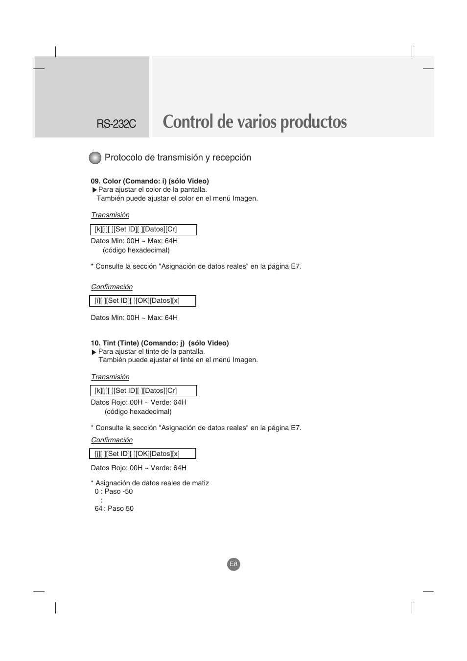 Control de varios productos, Rs-232c, Protocolo de transmisión y recepción | LG M4212C-BA User Manual | Page 48 / 67