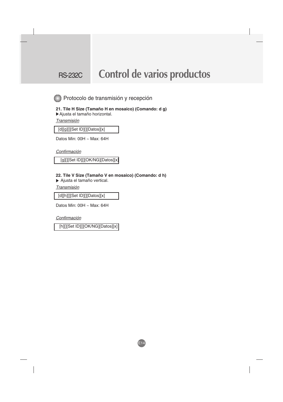 Control de varios productos, Rs-232c, Protocolo de transmisión y recepción | LG M4212C-BA User Manual | Page 54 / 67