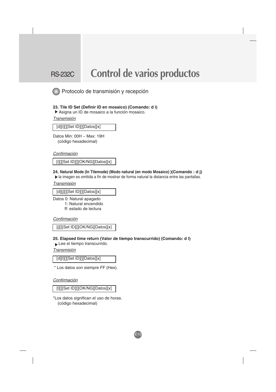 Control de varios productos, Rs-232c, Protocolo de transmisión y recepción | LG M4212C-BA User Manual | Page 55 / 67