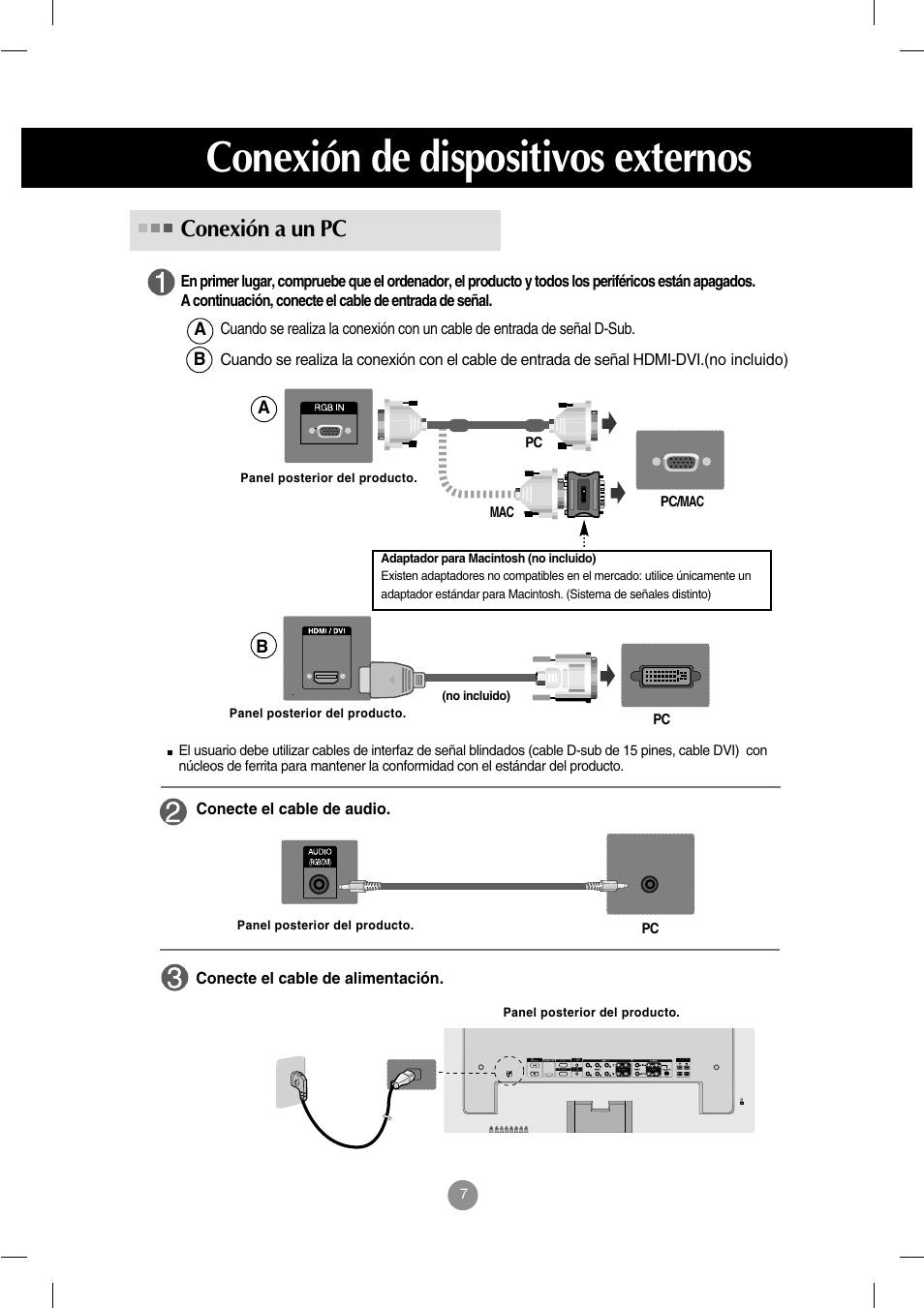 Conexión de dispositivos externos, Conexión a un pc | LG M4212C-BA User Manual | Page 8 / 67