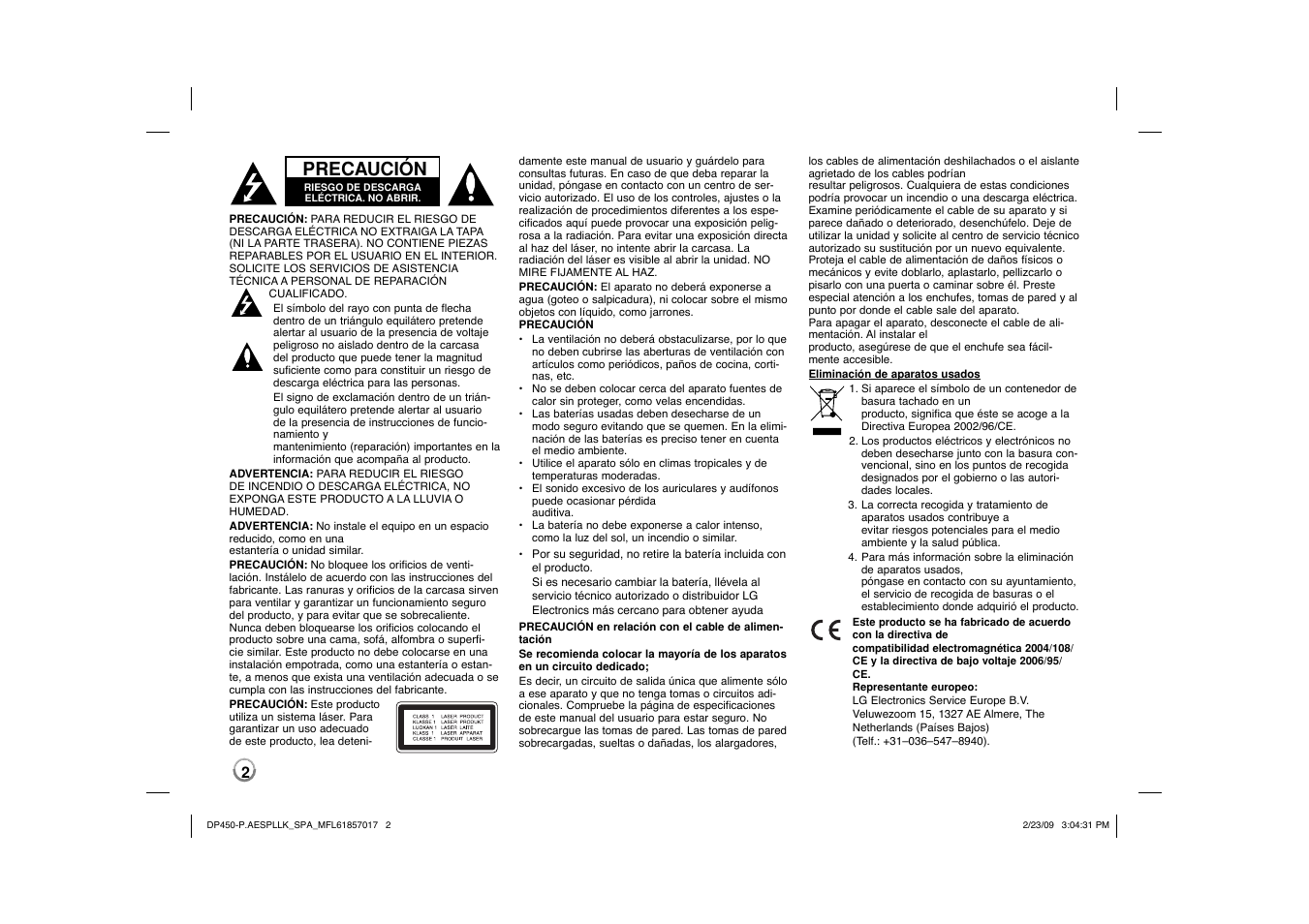 Precaución | LG DP450 User Manual | Page 16 / 70