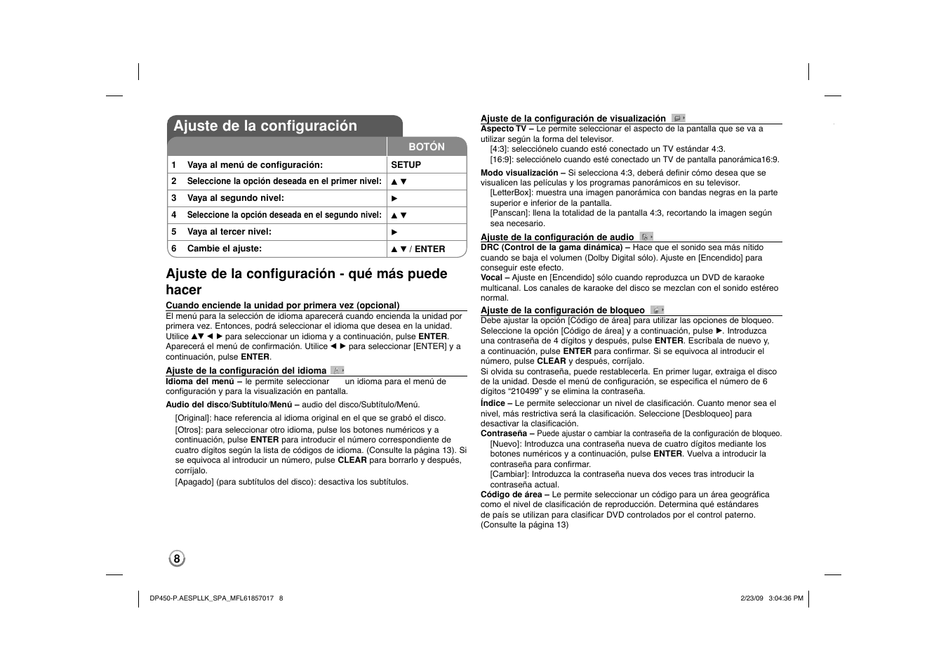 Ajuste de la configuración, Ajuste de la configuración - qué más puede hacer | LG DP450 User Manual | Page 22 / 70
