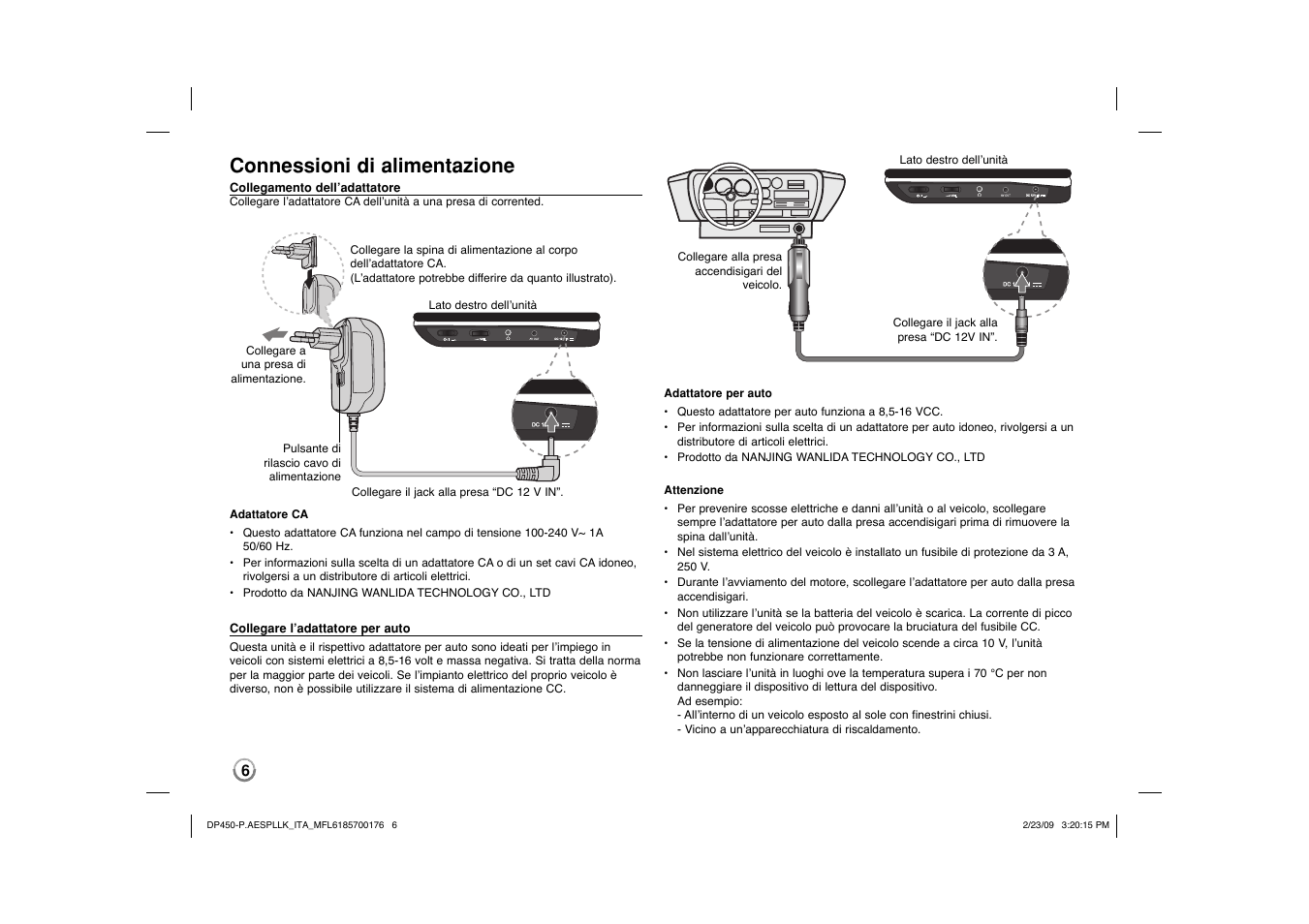 Connessioni di alimentazione | LG DP450 User Manual | Page 34 / 70