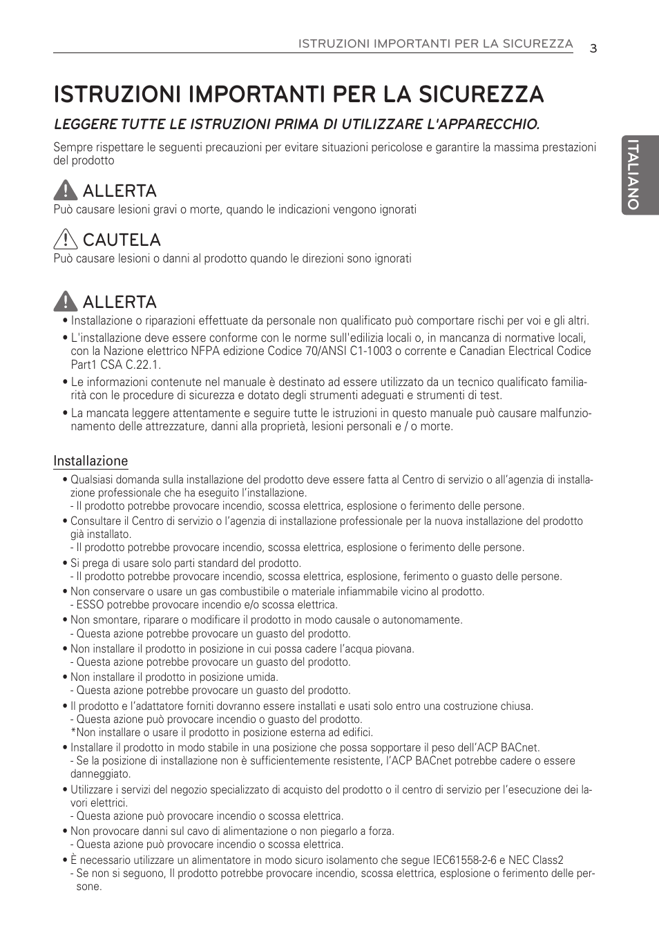 Istruzioni importanti per la sicurezza, Allerta, Cautela | LG PQNFB17C0 User Manual | Page 15 / 109