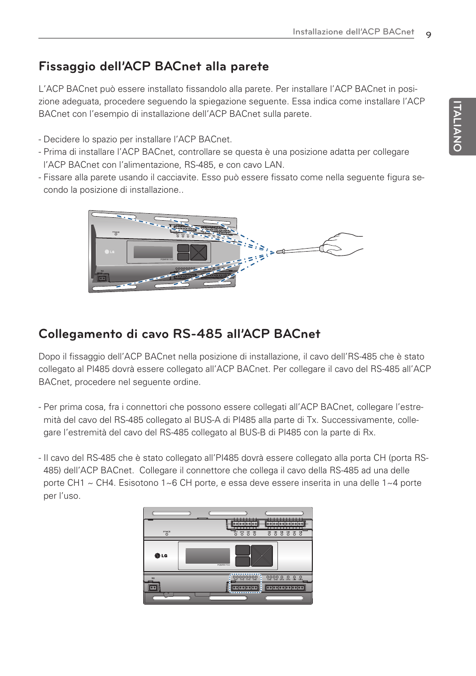 Fissaggio dell’acp bacnet alla parete, Collegamento di cavo rs-485 all’acp bacnet, It aliano | LG PQNFB17C0 User Manual | Page 21 / 109