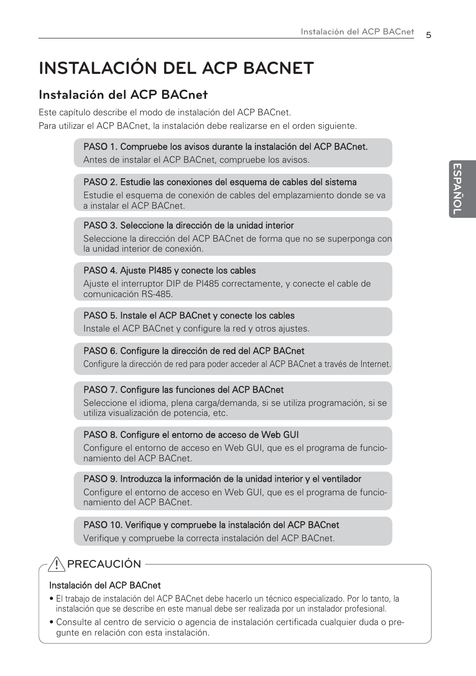 Instalación del acp bacnet | LG PQNFB17C0 User Manual | Page 29 / 109