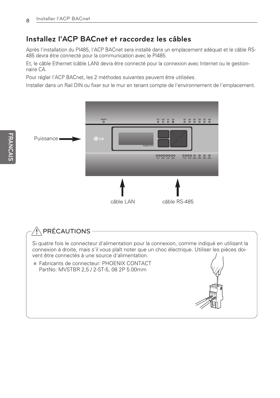 Installez l'acp bacnet et raccordez les câbles | LG PQNFB17C0 User Manual | Page 44 / 109