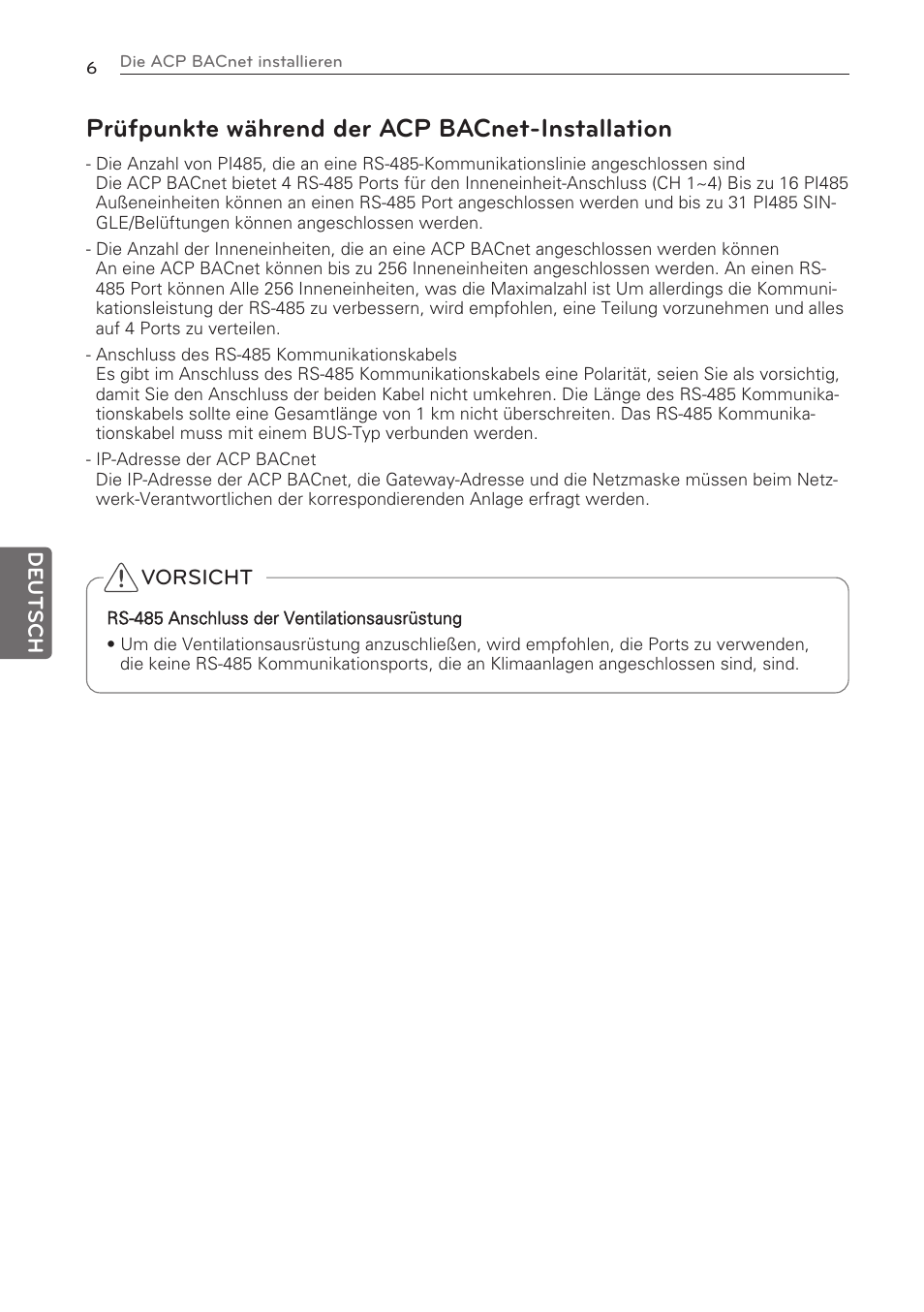Prüfpunkte während der acp bacnet-installation | LG PQNFB17C0 User Manual | Page 54 / 109