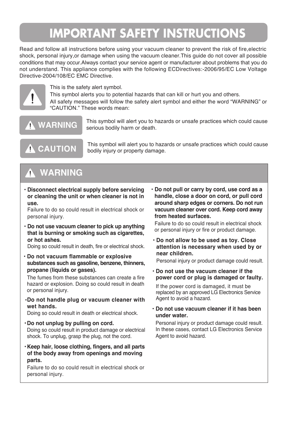 Important safety instructions, Warning, Warning caution | LG VC48121SQ User Manual | Page 5 / 29